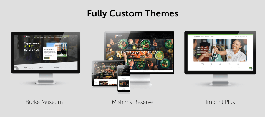 text "fully custom themes" with 3 website examples