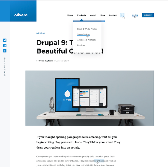 A look at the Olivero theme in Drupal 10. Photo courtesy of Drupal.org.