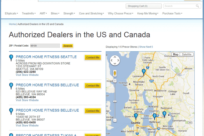 An example of Precor business features showing a map of stores.