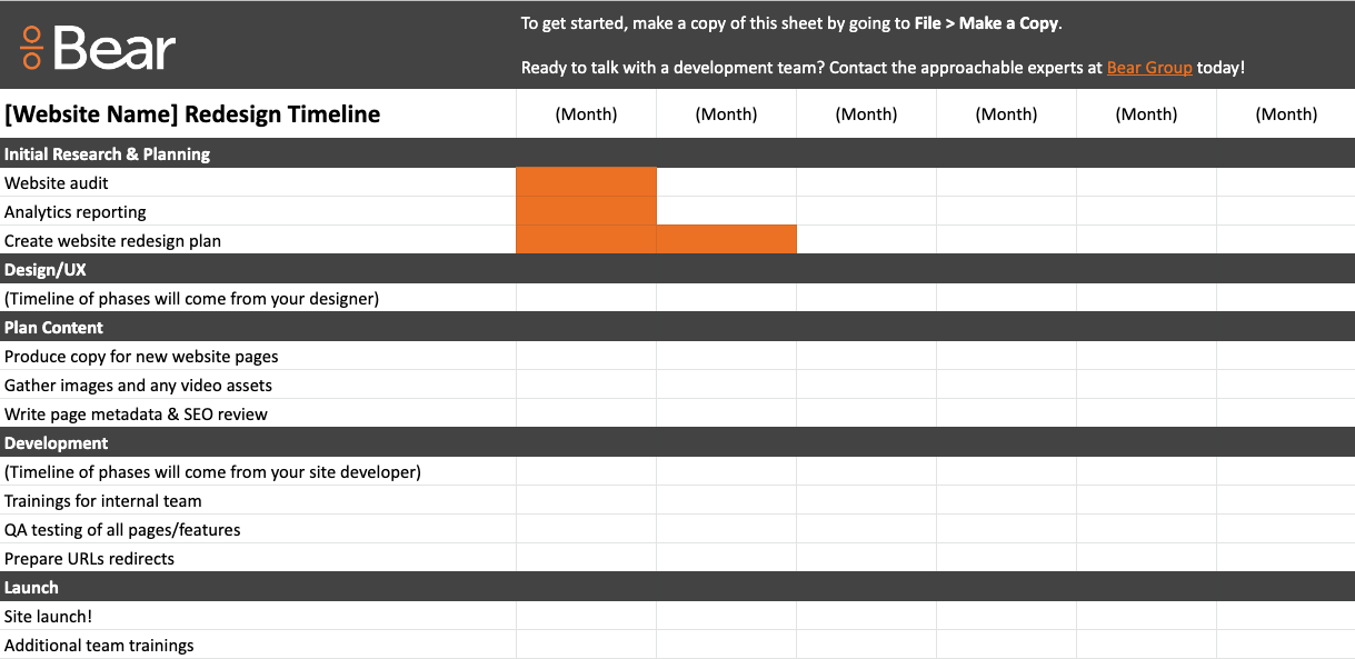 A graphic showing a Google Sheet template from the Guide to Leading a Website Redesign