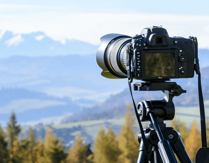 a camera shoots a landscape