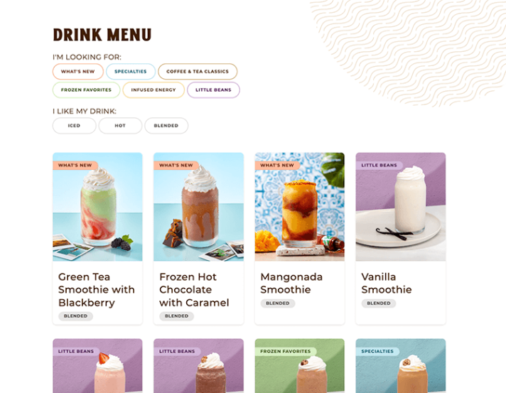 The menu page on The Human Bean website showing several drink categories
